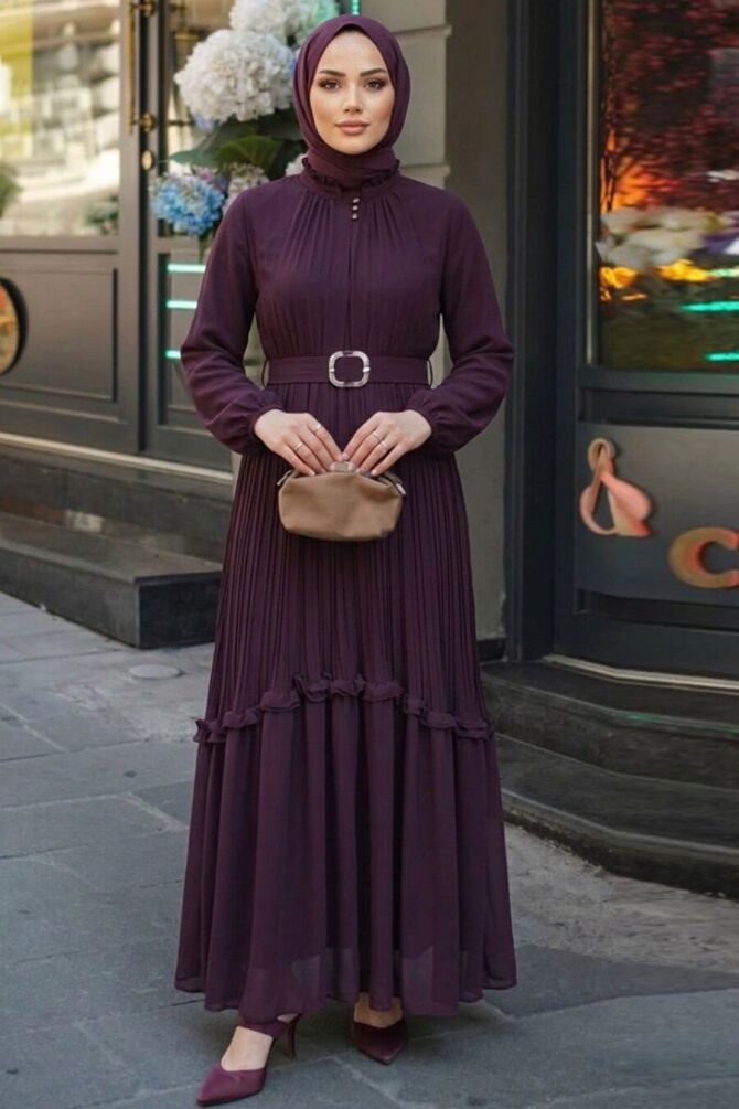 Buckle-Belted Bitter Brown Modest Dress 24683BT - 1