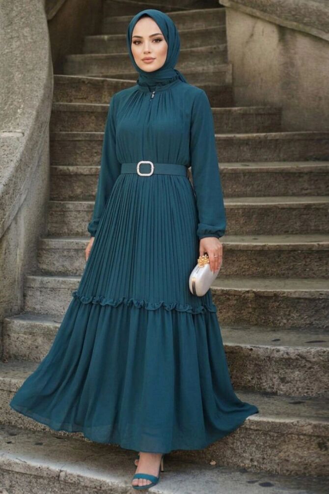 Buckle-Belted Emerald Green Modest Dress 24683ZY - 1