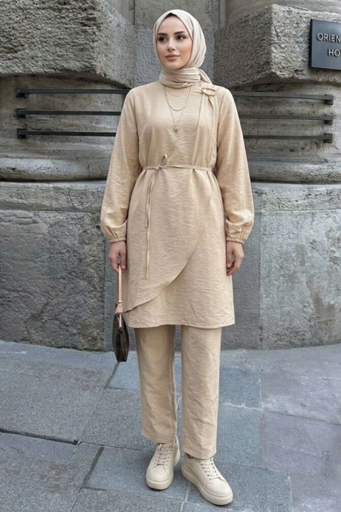 Buckle-Detail Tunic Beige Modest Trouser Set 1373BEJ - 1