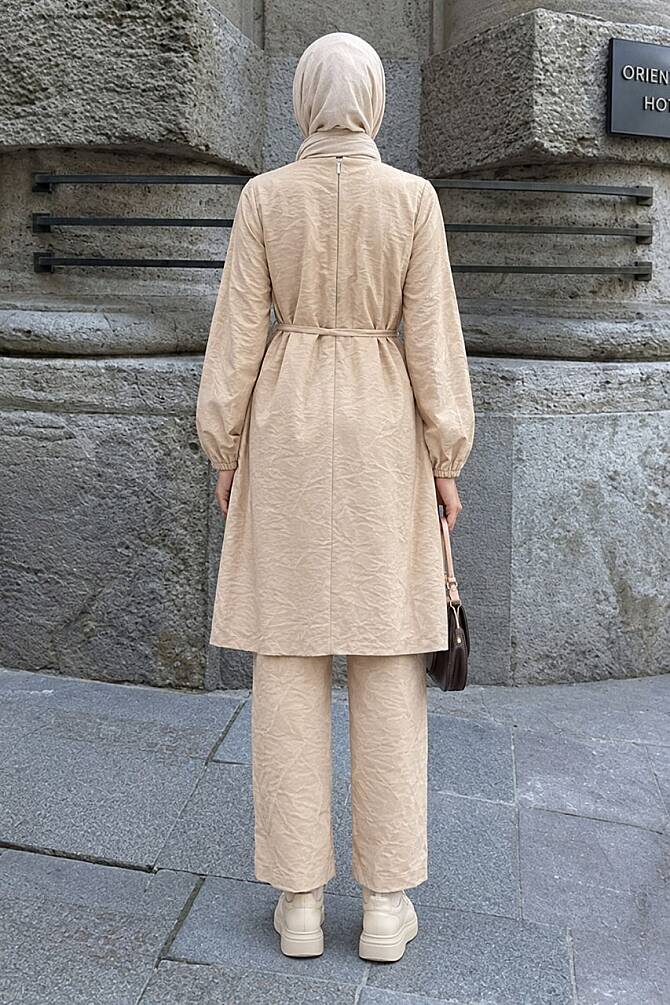 Buckle-Detail Tunic Beige Modest Trouser Set 1373BEJ - 2