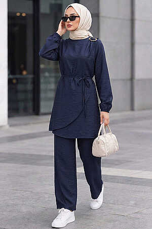 Buckle-Detail Tunic Navy Modest Trouser Set 1373L 