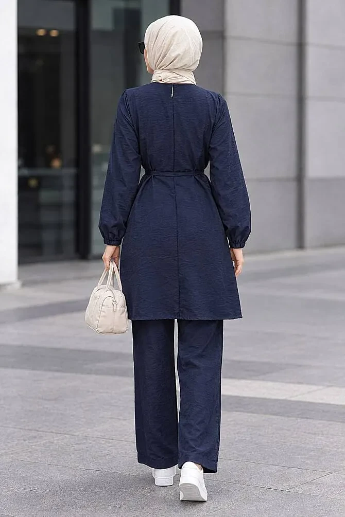 Buckle-Detail Tunic Navy Modest Trouser Set 1373L - 2