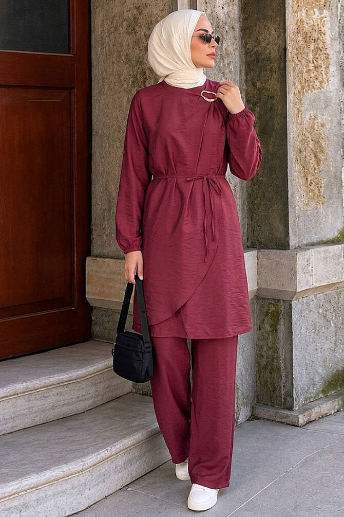 Buckle-Detail Tunic Plum Modest Trouser Set 1373MU - 1