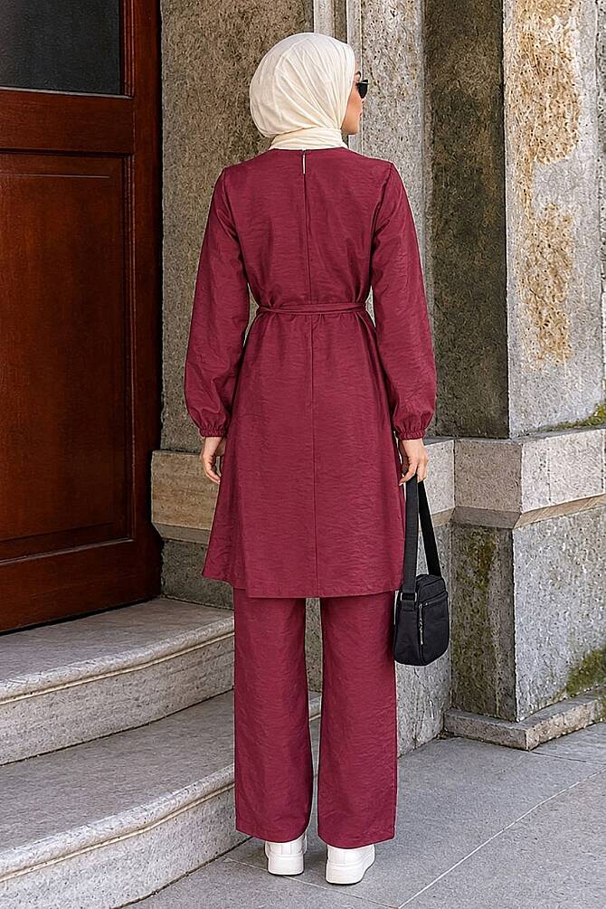 Buckle-Detail Tunic Plum Modest Trouser Set 1373MU - 2