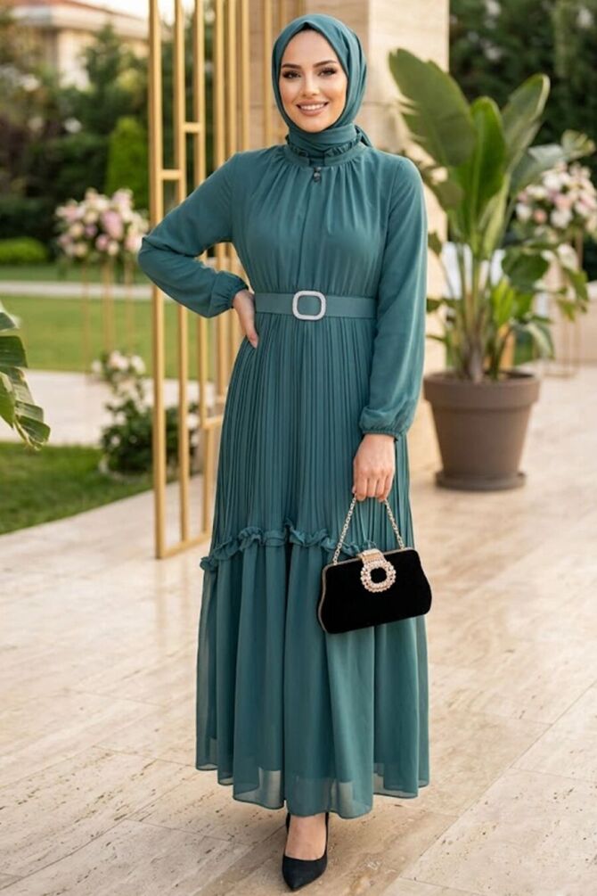 Buckle Detailed Belted Almond Green Modest Dress 24683CY - 1