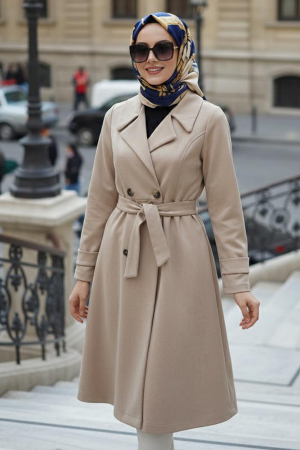 Buckle Detailed Belted Beige Modest Suede Coat 62461BEJ - 1