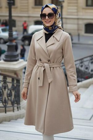 Buckle Detailed Belted Beige Modest Suede Coat 62461BEJ - 1