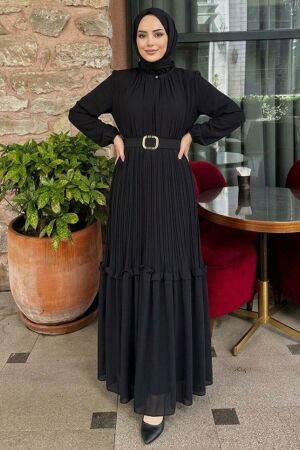 Buckle Detailed Belted Black Modest Dress 24683S 