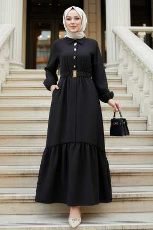Buckle Detailed Belted Black Modest Dress 50342S 
