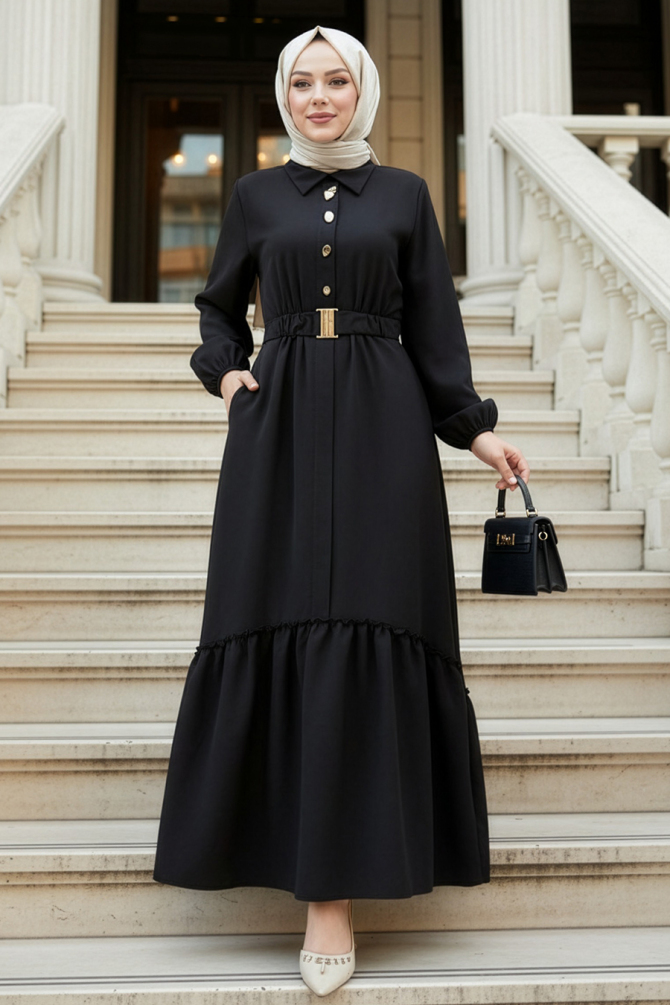 Buckle Detailed Belted Black Modest Dress 50342S - 1