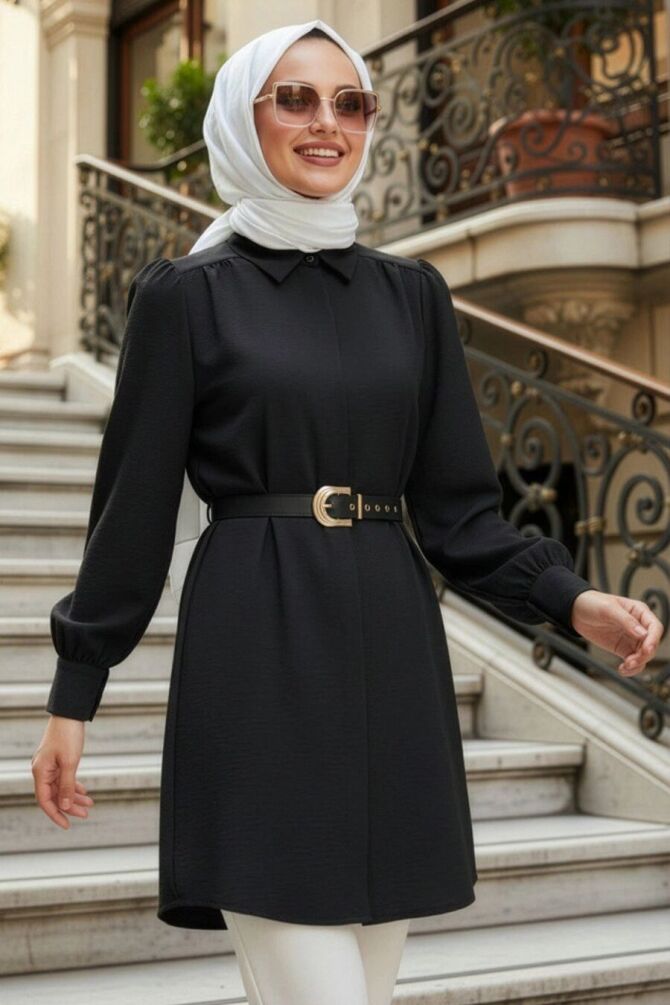 Buckle Detailed Belted Black Modest Tunic 5255S - 1