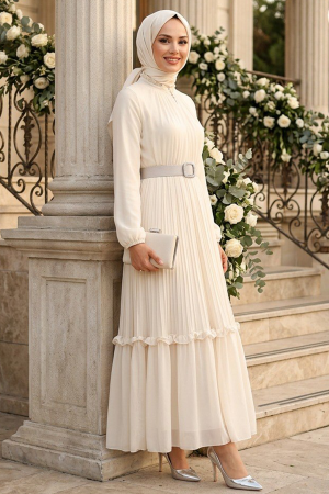 Buckle Detailed Belted Ecru Modest Dress 24683E - 1