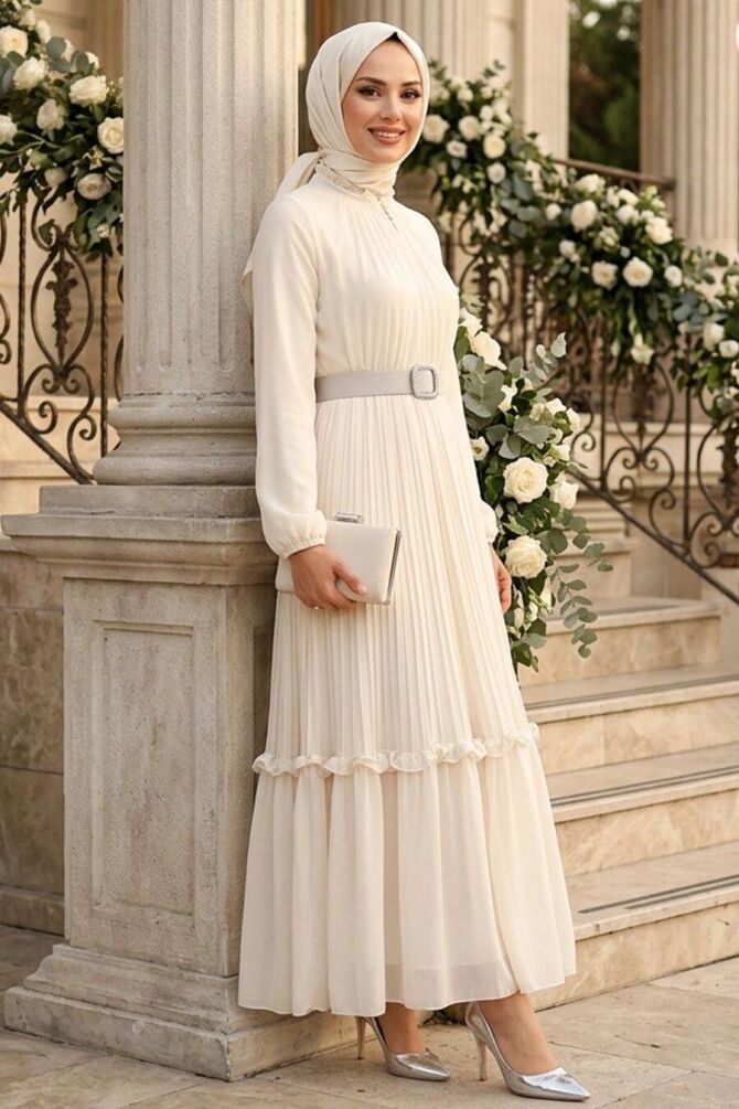 Buckle Detailed Belted Ecru Modest Dress 24683E - 1