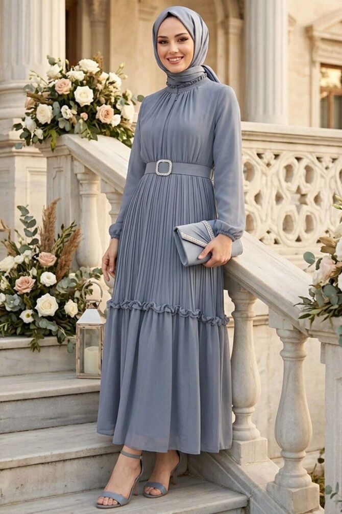 Buckle Detailed Belted Gray Modest Dress 24683GR - 1
