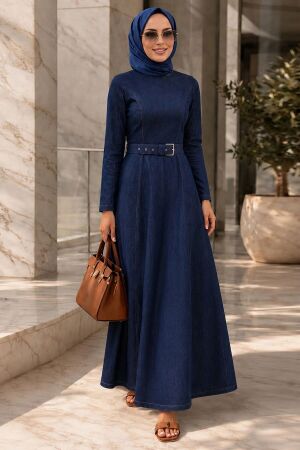 Buckle Detailed Belted Navy Blue Modest Denim Dress 6283L - 1