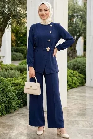 Buckle Detailed Belted Navy Blue Modest Two-Piece Set 82413L 