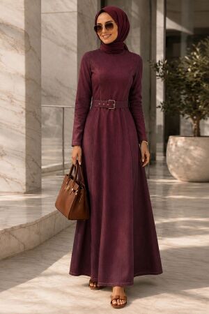 Buckle Detailed Belted Plum Modest Denim Dress 6283MU 