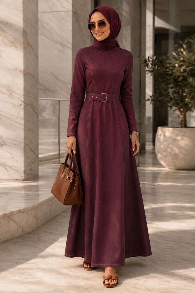 Buckle Detailed Belted Plum Modest Denim Dress 6283MU - 1
