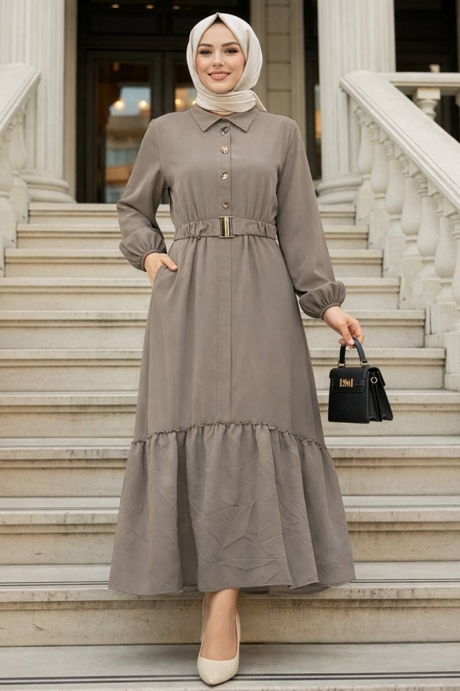 Buckle Detailed Belted Stone Modest Dress 50342TAS - 1