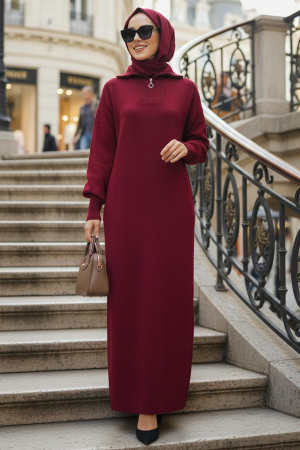 Burgundy Modest Knit Dress 60321BR - 1