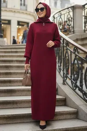 Burgundy Modest Knit Dress 60321BR - 1