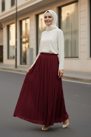 Buruşuk Bordo Tesettür Etek 9225BR - NEVA STYLE