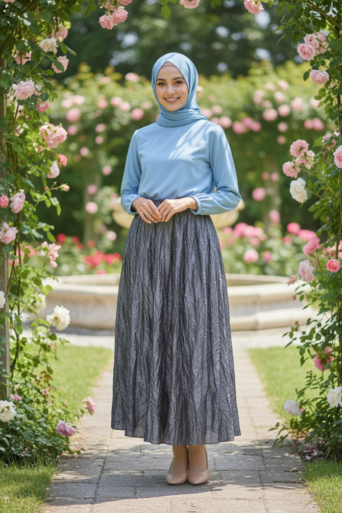 Buruşuk Gri Tesettür Etek 9227GR - 1