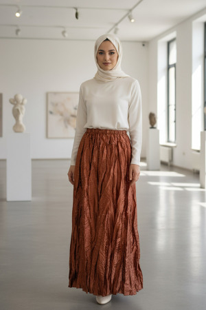 Buruşuk Kiremit Tesettür Etek 9227KRMT 