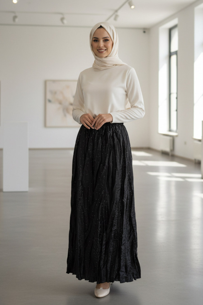 Buruşuk Siyah Tesettür Etek 9227S - NEVA STYLE