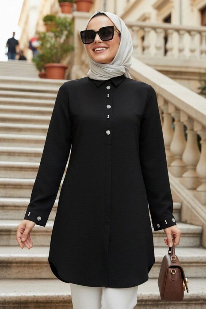 Button and Cuff Detail Black Modest Tunic 51254S - 1