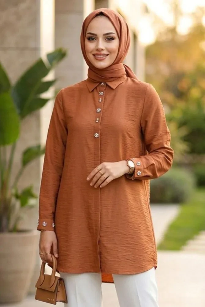 Button and Cuff Detail Tan Modest Tunic 51254TB - 1