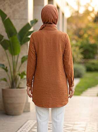 Button and Cuff Detail Tan Modest Tunic 51254TB - 2
