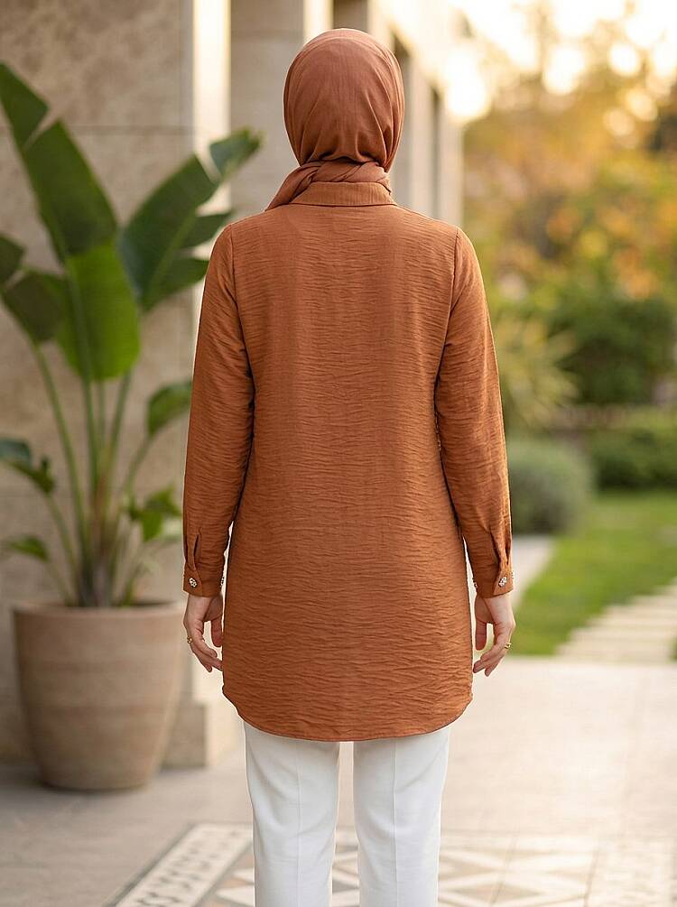 Button and Cuff Detail Tan Modest Tunic 51254TB - 2