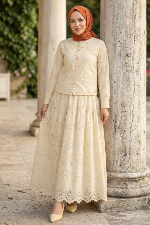 Button-Detail Eyelet Beige Modest Two-Piece Set 50021BEJ - 1