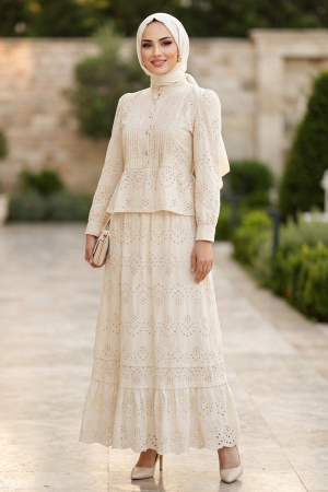 Button-Detail Peplum Eyelet Beige Modest Two-Piece Set 50063BEJ - 1
