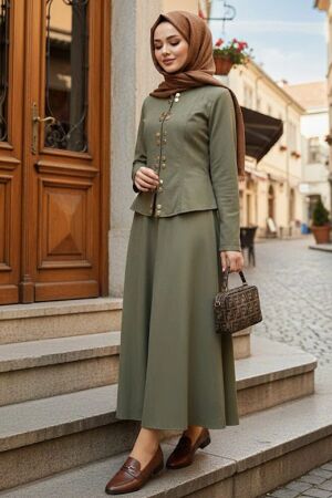 Button Detailed Almond Green Modest Denim Two-Piece Set 11892CY 