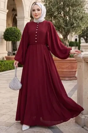 Button Detailed Burgundy Modest Dress 10161BR 