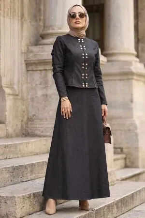 Button Detailed Dark Navy Blue Modest Denim Two-Piece Set 11891KL 
