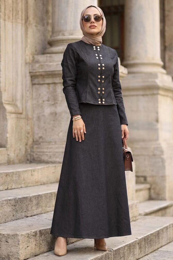 Button Detailed Dark Navy Blue Modest Denim Two-Piece Set 11891KL - 1