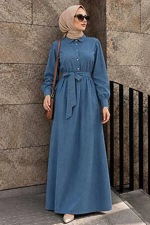 Button Detailed Koyu Blue Modest Denim Dress 73201M - 1