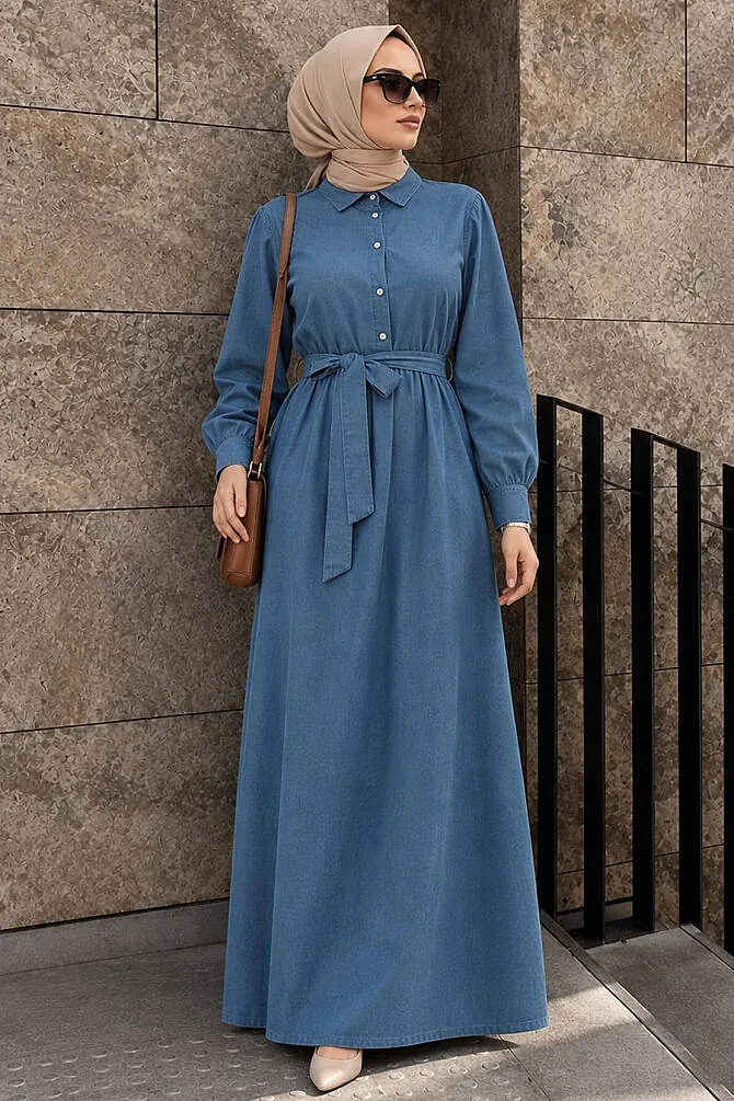 Button Detailed Koyu Blue Modest Denim Dress 73201M - 1