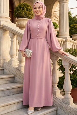 Button Detailed Powder Pink Modest Dress 10161PD - 3