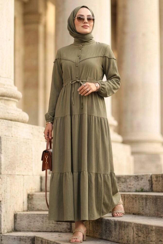 Buttoned Almond Green Modest Dress 10213CY - 1