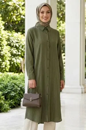 Buttoned Almond Green Modest Tunic 41652CY 