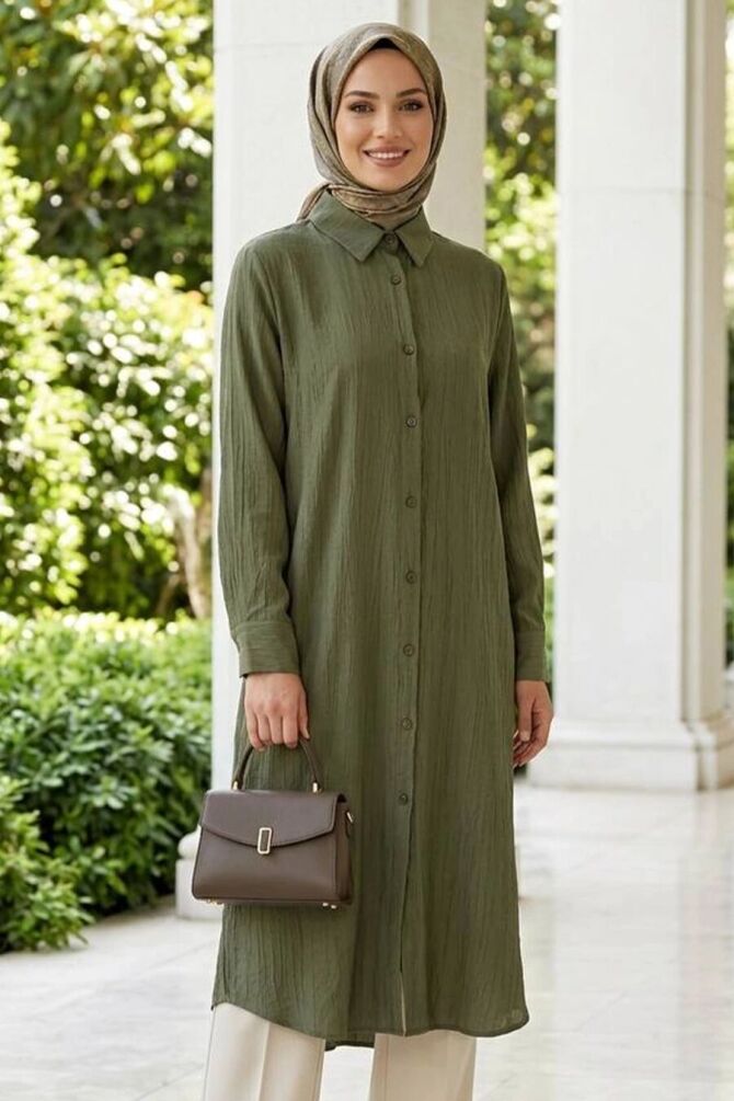 Buttoned Almond Green Modest Tunic 41652CY - 1