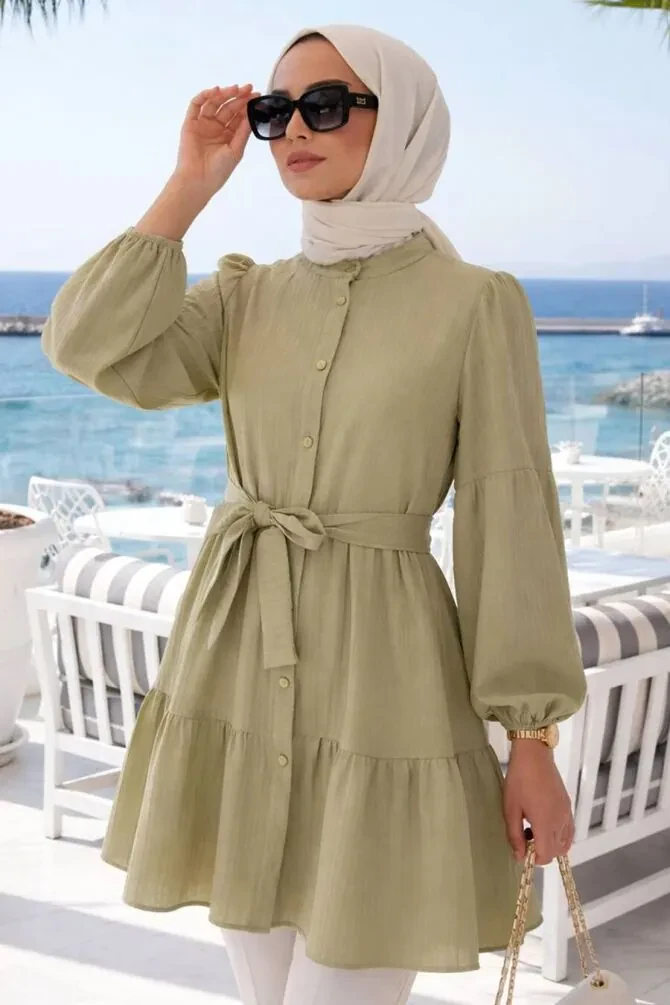 Buttoned Almond Green Modest Tunic 53712CY - 1