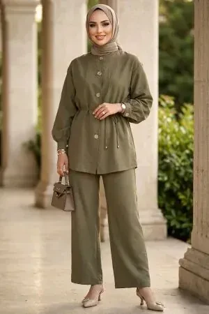 Buttoned Almond Green Modest Two-Piece Set 82721CY 