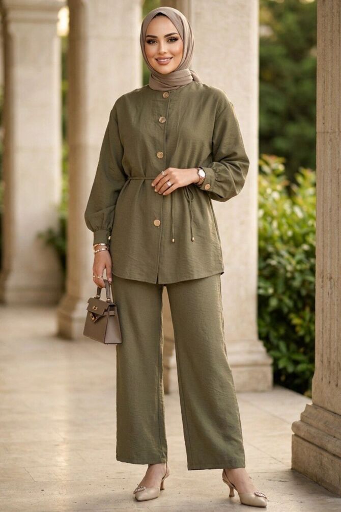 Buttoned Almond Green Modest Two-Piece Set 82721CY - 1