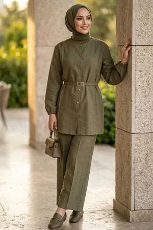 Buttoned Almond Green Modest Two-Piece Set 83012CY 
