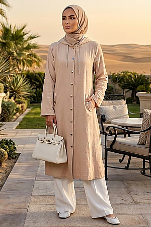Buttoned Beige Modest Coat 15012BEJ 